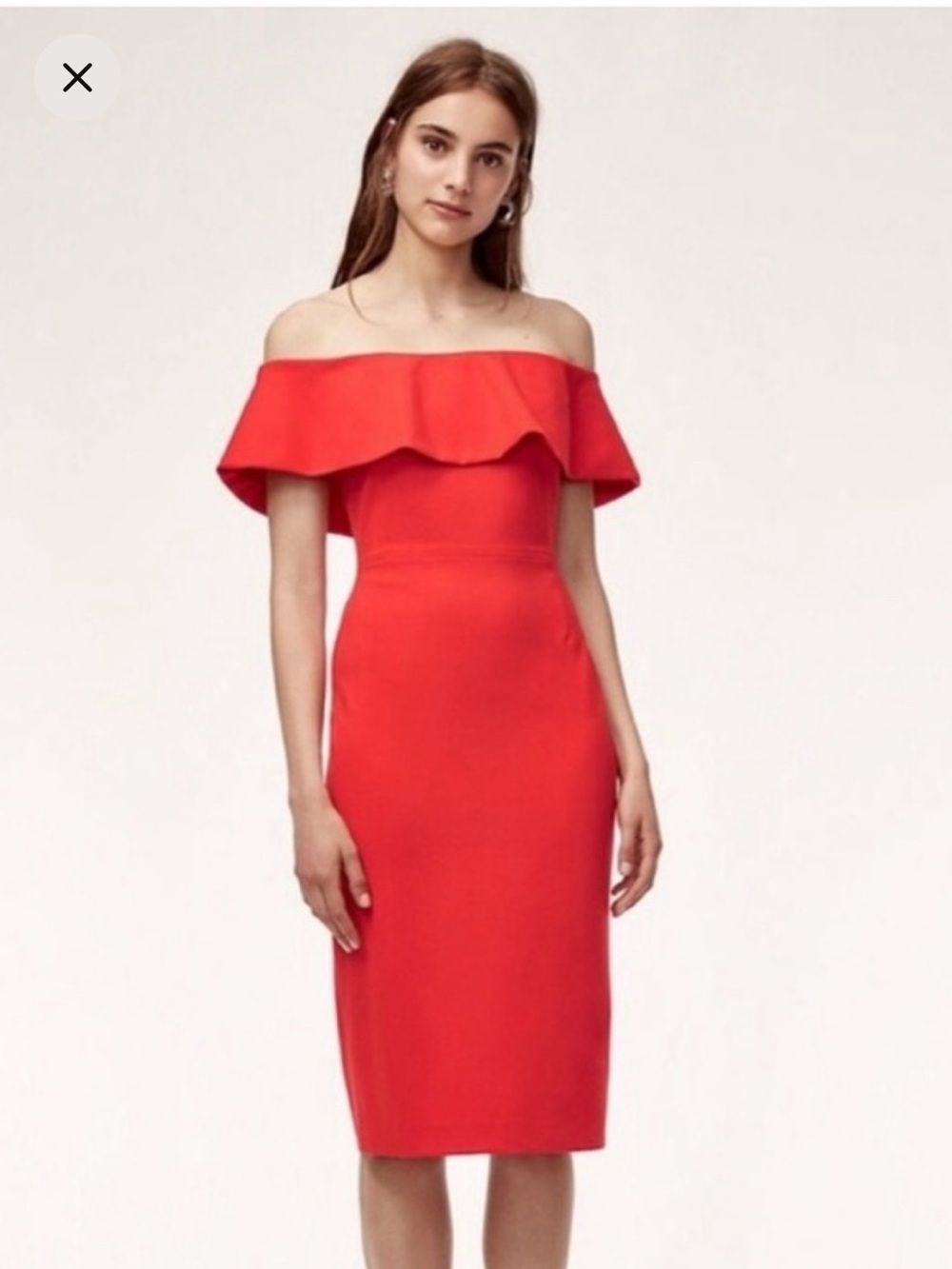 Aritzia / Babaton Red Off-Shoulder Ruffle Sheath Dress